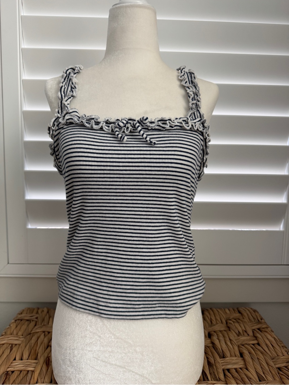 Anthropologie Striped Navy and White Ruffle-Trim Tank Top